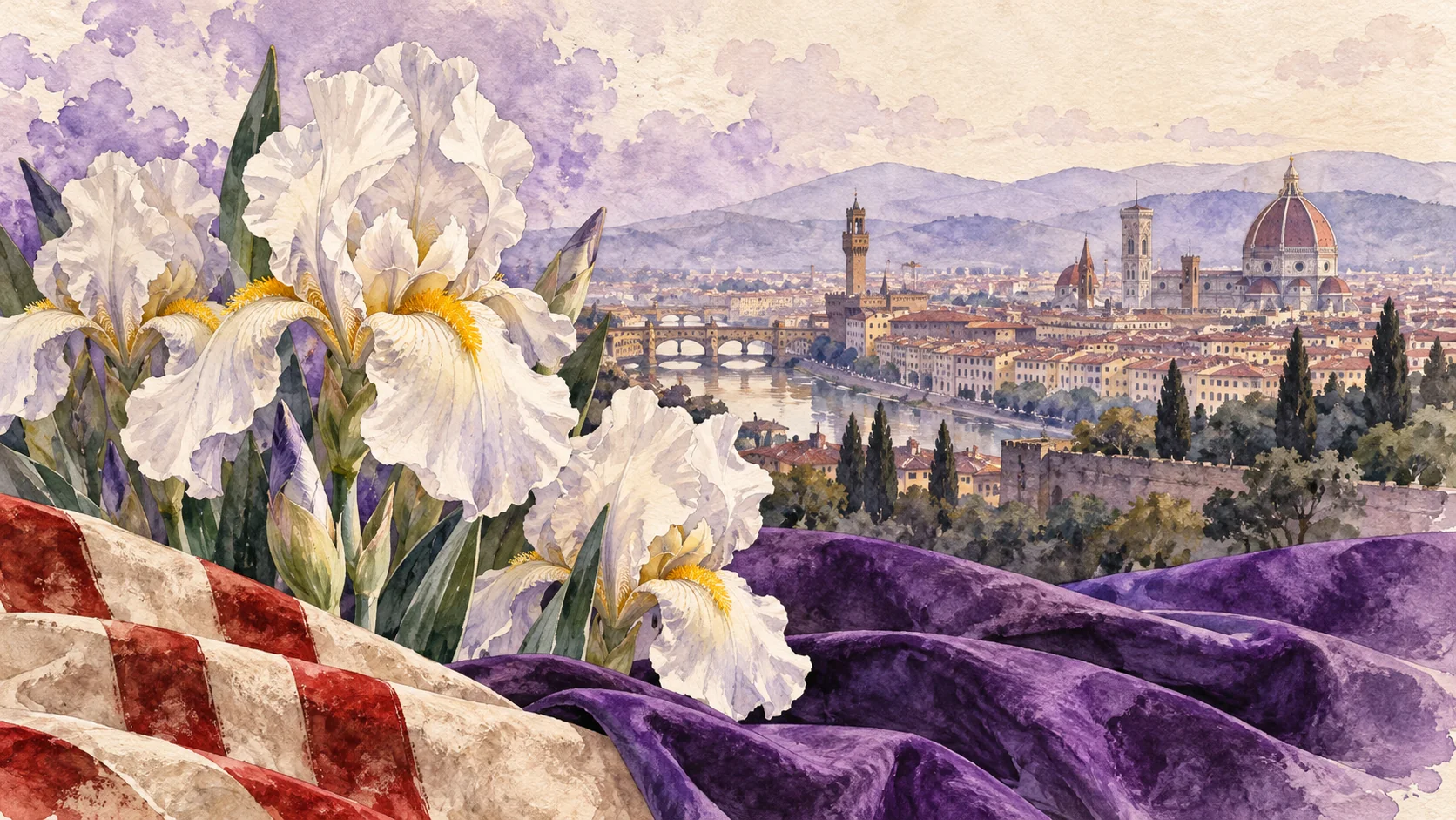 Acquerello di Firenze e del suo simbolo floreale