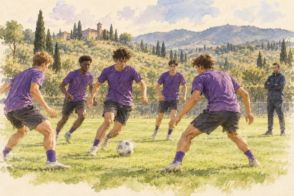 Acquerello di giovani calciatori maggiorenni in maglia viola durante un allenamento in Toscana