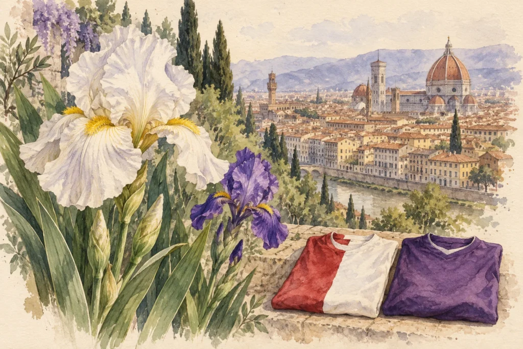 Iris bianco, panorama di Firenze e maglie rossa-bianca e viola