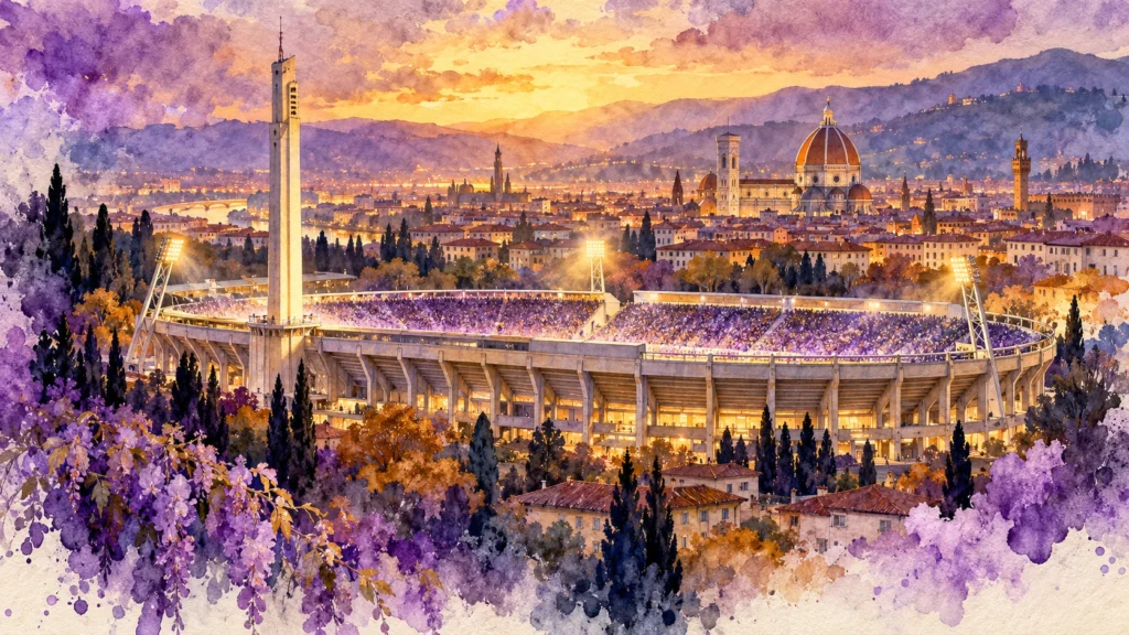 Acquerello dello stadio Artemio Franchi con il panorama di Firenze