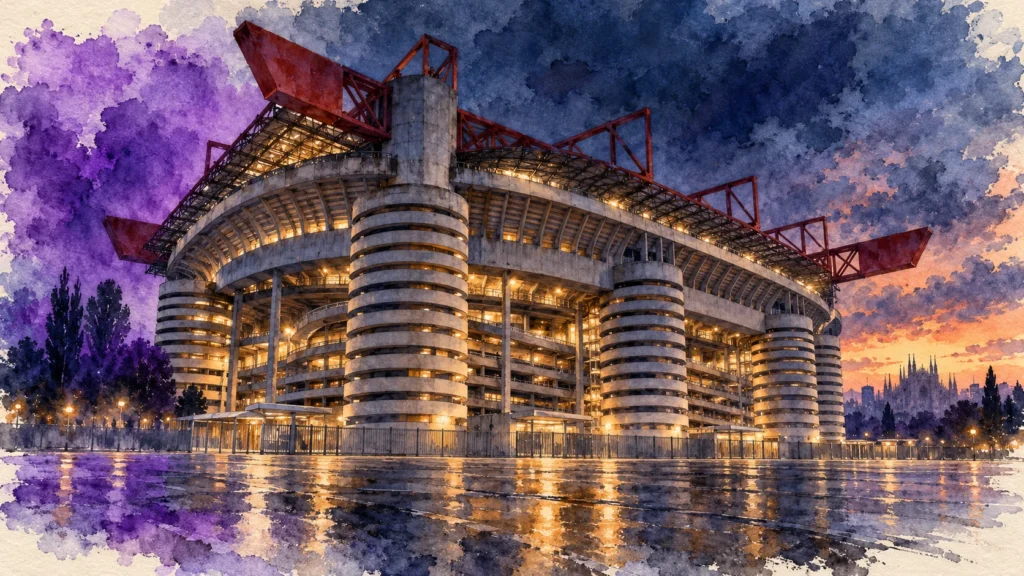 Illustrazione ad acquerello dello stadio San Siro nei toni del viola